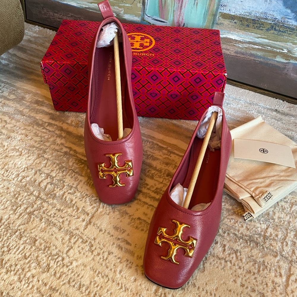 Tory Burch Red Leather Flats with Gold Logo